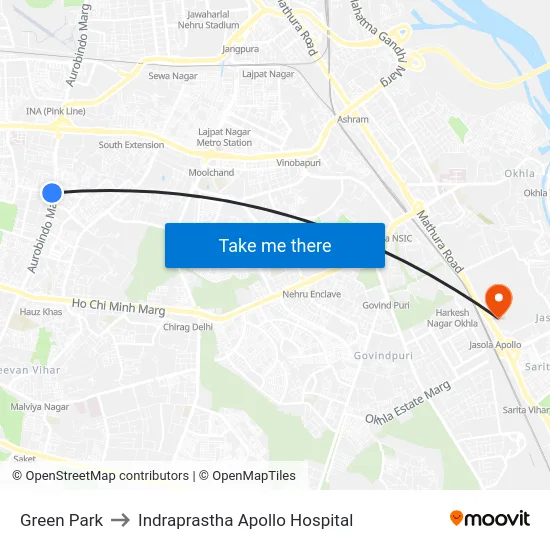 Green Park to Indraprastha Apollo Hospital map