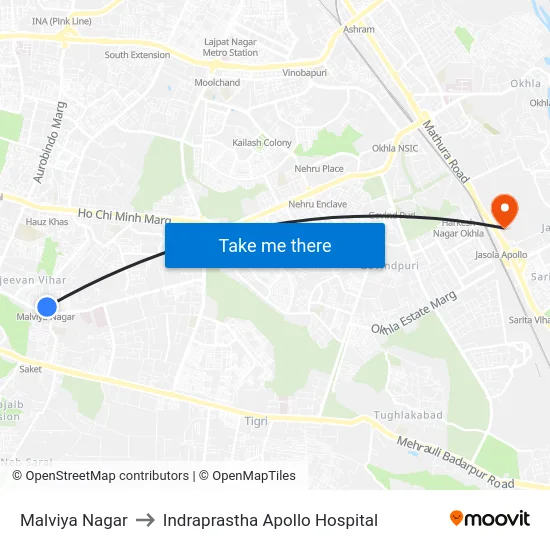 Malviya Nagar to Indraprastha Apollo Hospital map