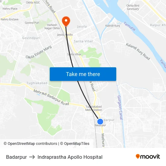 Badarpur to Indraprastha Apollo Hospital map