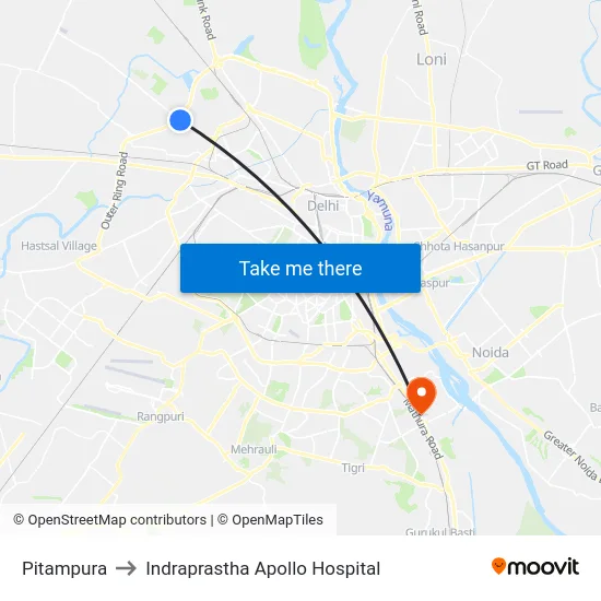 Pitampura to Indraprastha Apollo Hospital map
