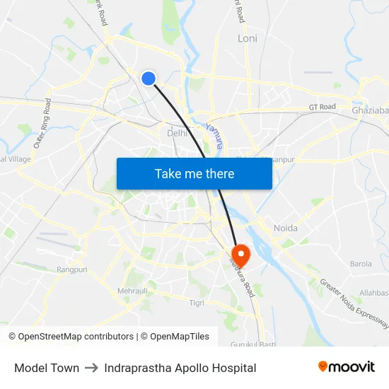Model Town to Indraprastha Apollo Hospital map