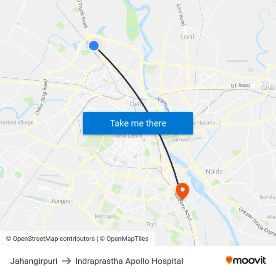 Jahangirpuri to Indraprastha Apollo Hospital map