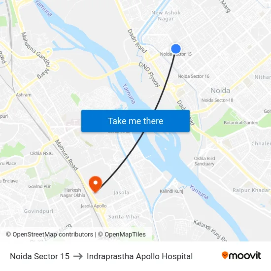 Noida Sector 15 to Indraprastha Apollo Hospital map