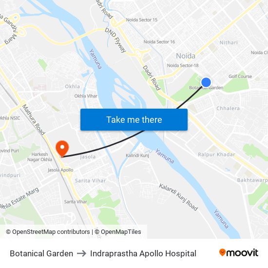 Botanical Garden to Indraprastha Apollo Hospital map