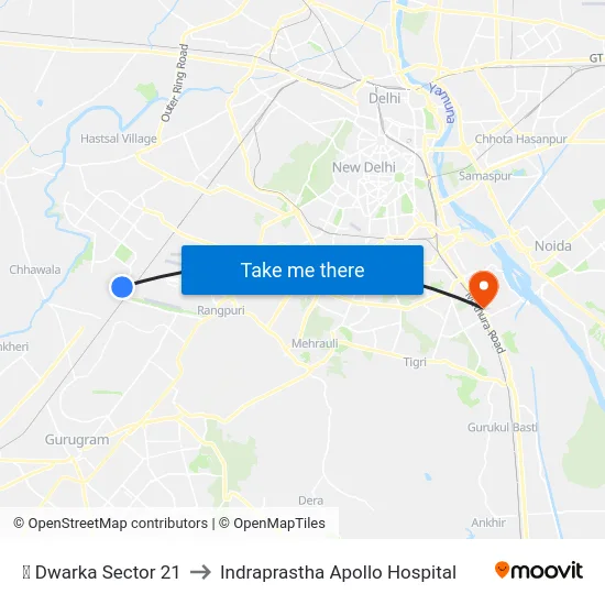 ✈ Dwarka Sector 21 to Indraprastha Apollo Hospital map