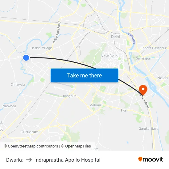 Dwarka to Indraprastha Apollo Hospital map