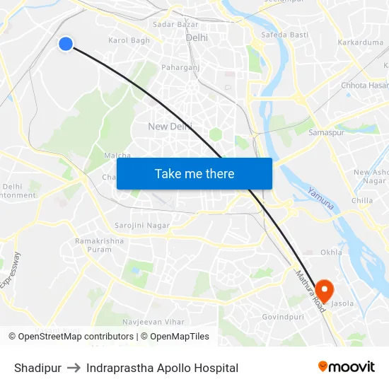 Shadipur to Indraprastha Apollo Hospital map