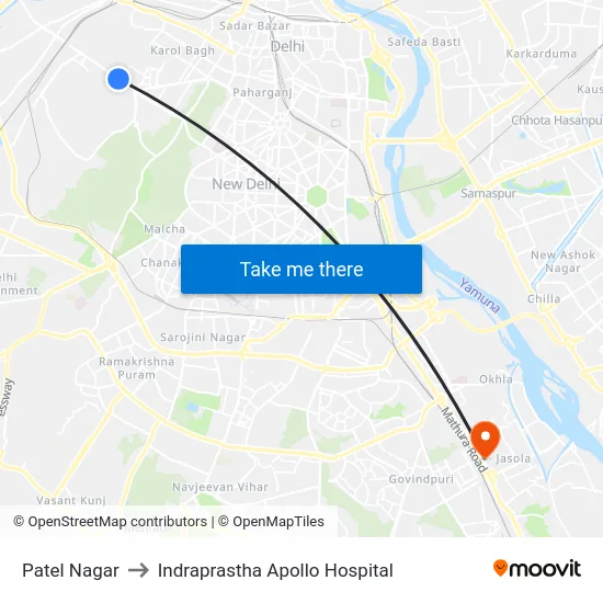 Patel Nagar to Indraprastha Apollo Hospital map