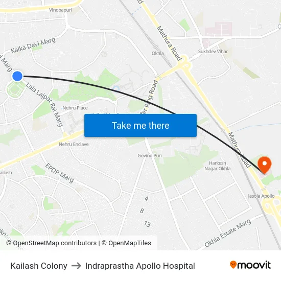 Kailash Colony to Indraprastha Apollo Hospital map