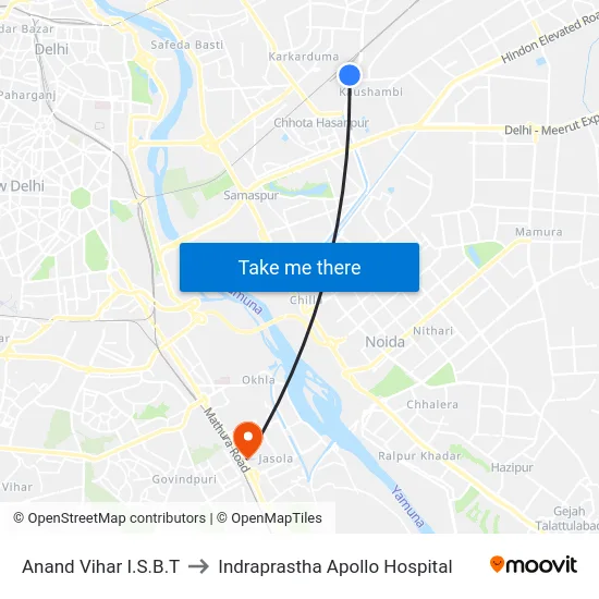 Anand Vihar I.S.B.T to Indraprastha Apollo Hospital map