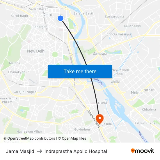 Jama Masjid to Indraprastha Apollo Hospital map