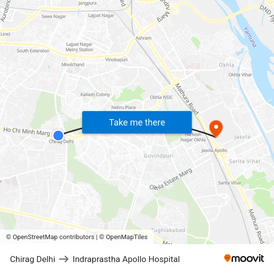 चिराग दिल्ली to इंद्रप्रस्थ अपोलो अस्पताल map