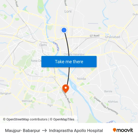 Maujpur- Babarpur to Indraprastha Apollo Hospital map