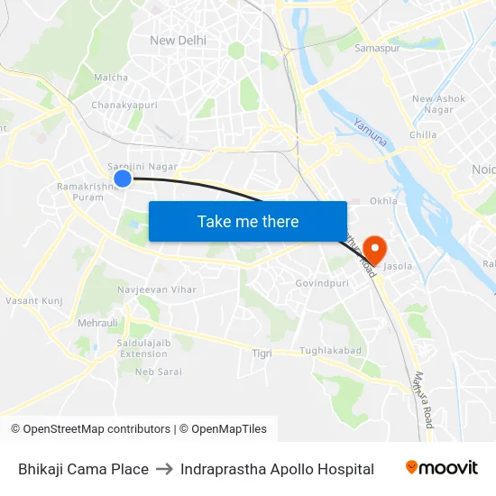Bhikaji Cama Place to Indraprastha Apollo Hospital map