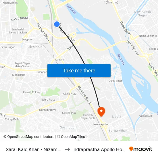 Sarai Kale Khan - Nizamuddin to Indraprastha Apollo Hospital map