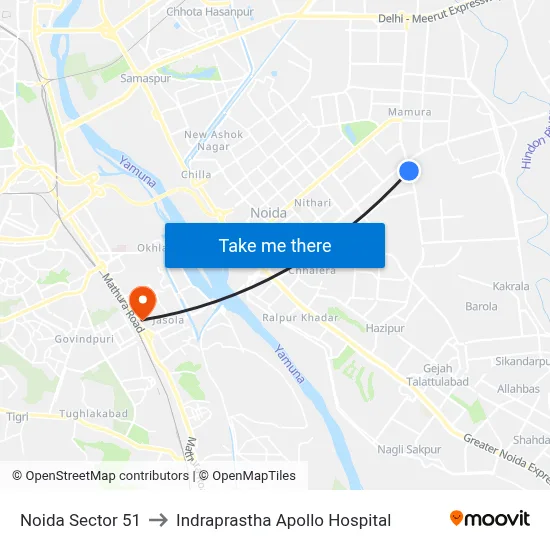 Noida Sector 51 to Indraprastha Apollo Hospital map