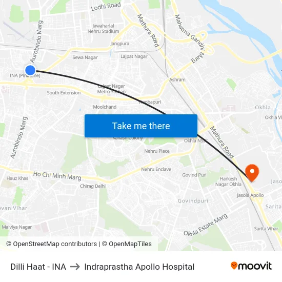 Dilli Haat - INA to Indraprastha Apollo Hospital map