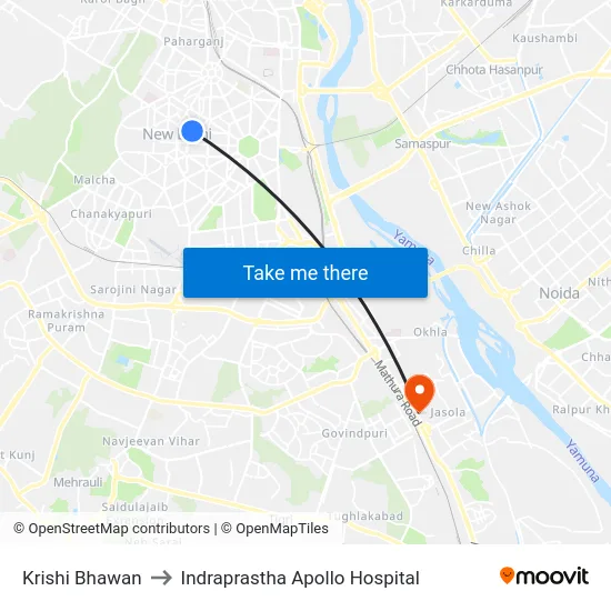 Krishi Bhawan to Indraprastha Apollo Hospital map