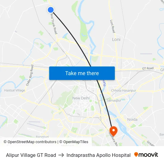 Alipur Village GT Road to Indraprastha Apollo Hospital map