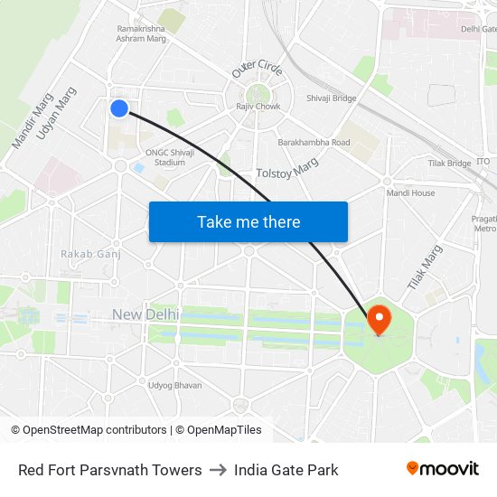 Red Fort Parsvnath Towers to India Gate Park map