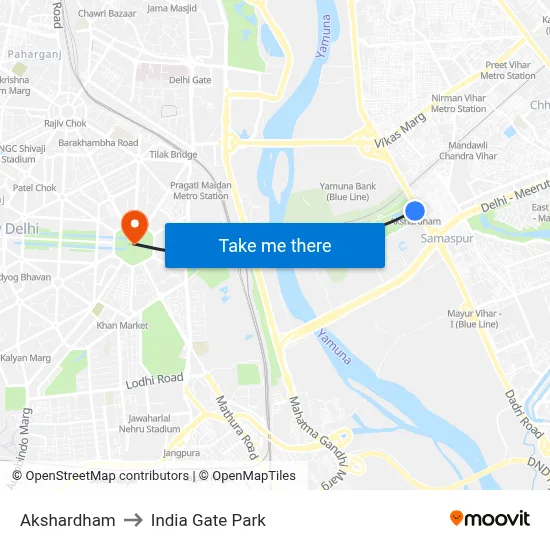 Akshardham to India Gate Park map