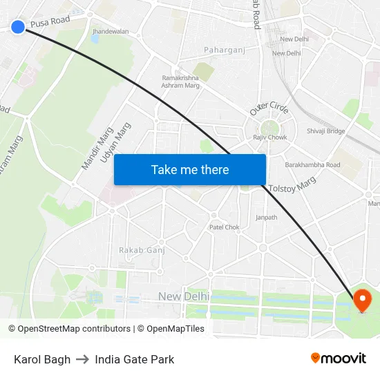 Karol Bagh to India Gate Park map