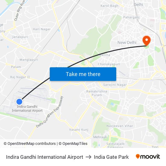 Indira Gandhi International Airport to India Gate Park map