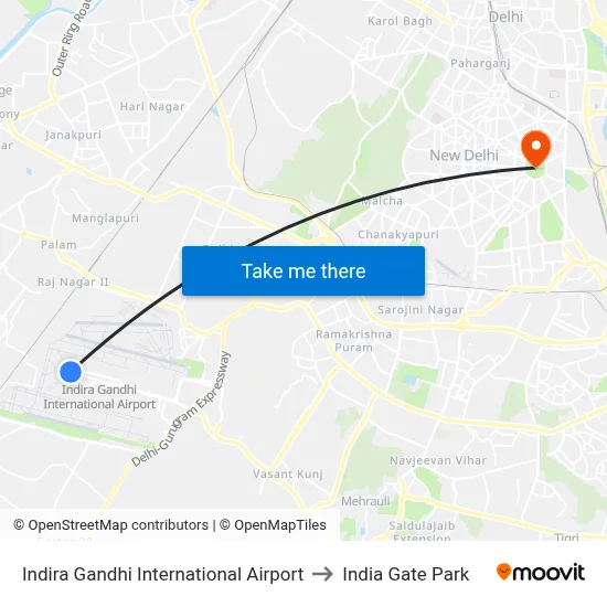 Indira Gandhi International Airport to India Gate Park map