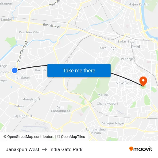 Janakpuri West to India Gate Park map