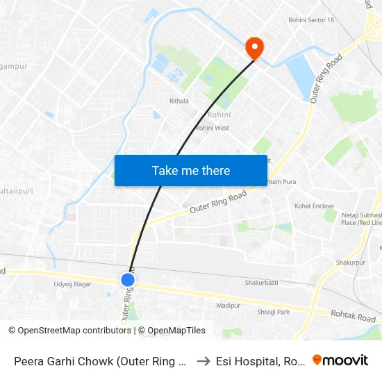 Peera Garhi Chowk (Outer Ring Road) to Esi Hospital, Rohini map