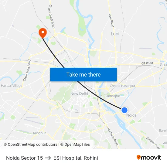 Noida Sector 15 to ESI Hospital, Rohini map