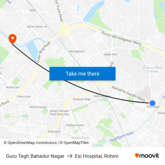 Guru Tegh Bahadur Nagar to Esi Hospital, Rohini map