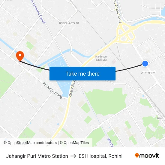 Jahangir Puri Metro Station to ESI Hospital, Rohini map