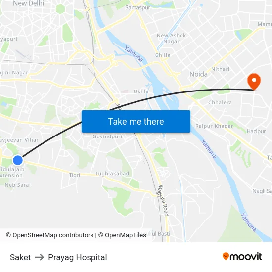 Saket to Prayag Hospital map