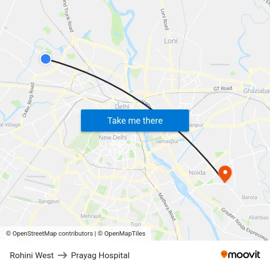 Rohini West to Prayag Hospital map