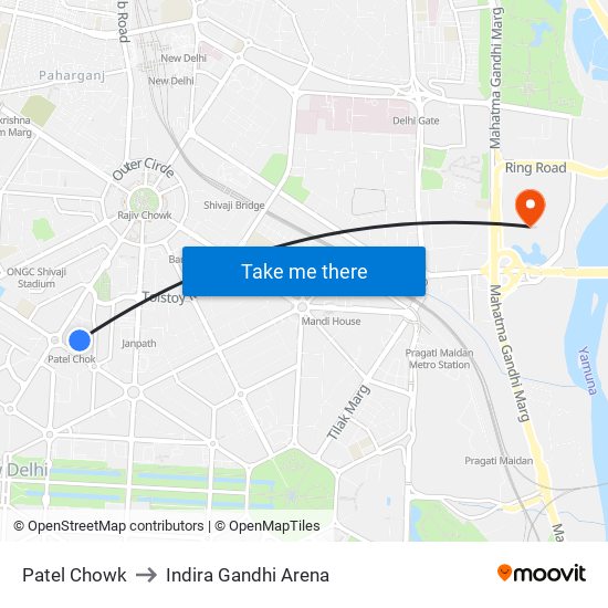 Patel Chowk to Indira Gandhi Arena map