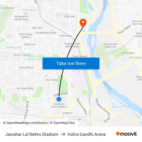 Jawahar Lal Nehru Stadium to Indira Gandhi Arena map