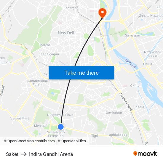 Saket to Indira Gandhi Arena map