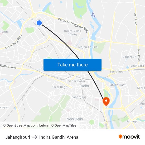 Jahangirpuri to Indira Gandhi Arena map