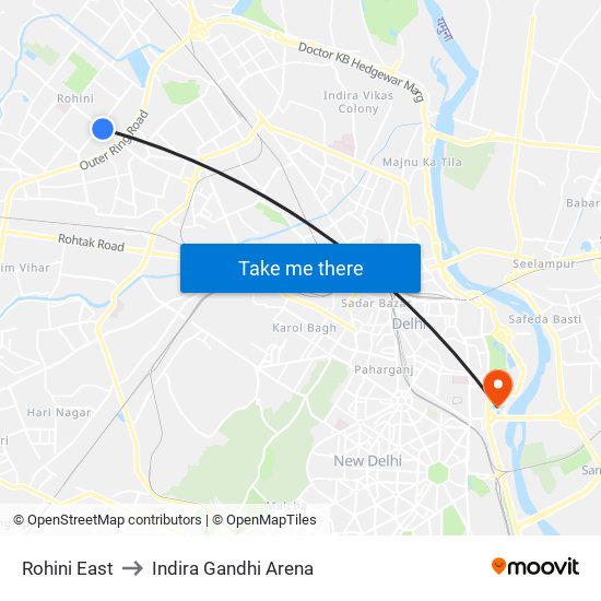 Rohini East to Indira Gandhi Arena map