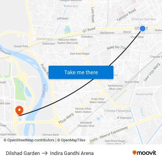 Dilshad Garden to Indira Gandhi Arena map