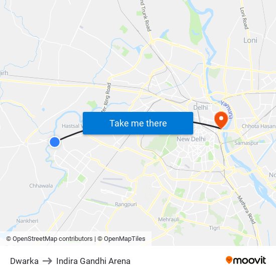 Dwarka to Indira Gandhi Arena map