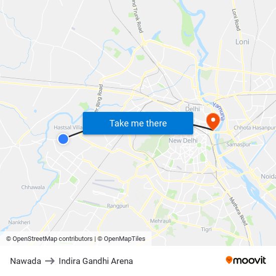 Nawada to Indira Gandhi Arena map