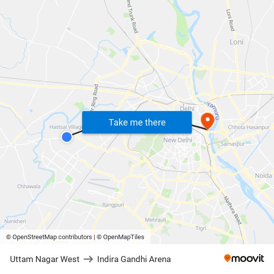 Uttam Nagar West to Indira Gandhi Arena map