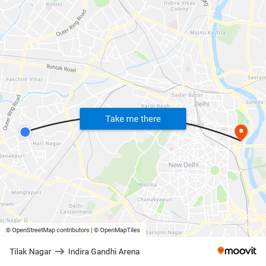 Tilak Nagar to Indira Gandhi Arena map