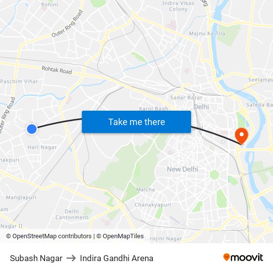 Subash Nagar to Indira Gandhi Arena map