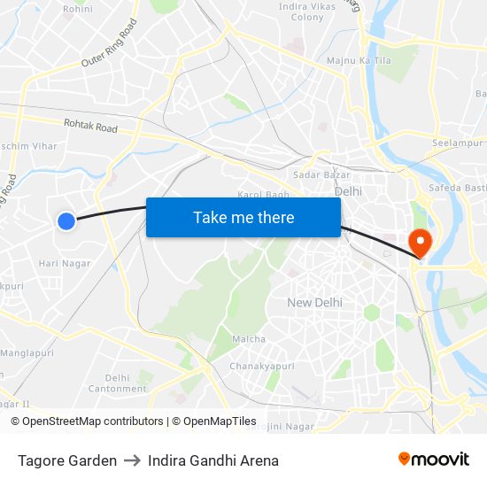 Tagore Garden to Indira Gandhi Arena map