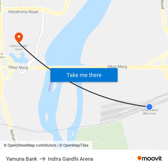 Yamuna Bank to Indira Gandhi Arena map