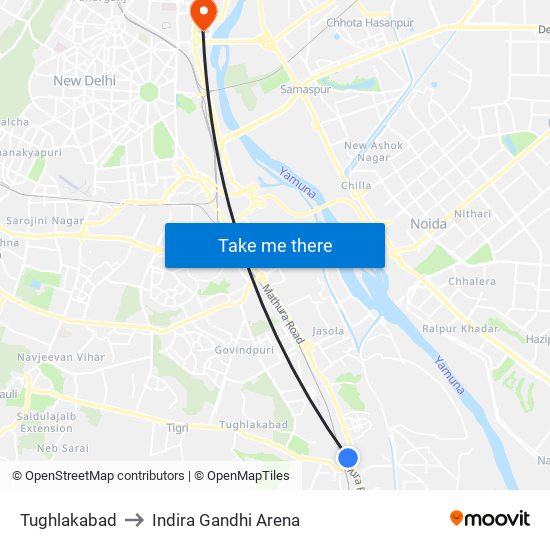 Tughlakabad to Indira Gandhi Arena map
