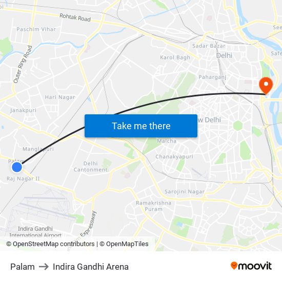 Palam to Indira Gandhi Arena map